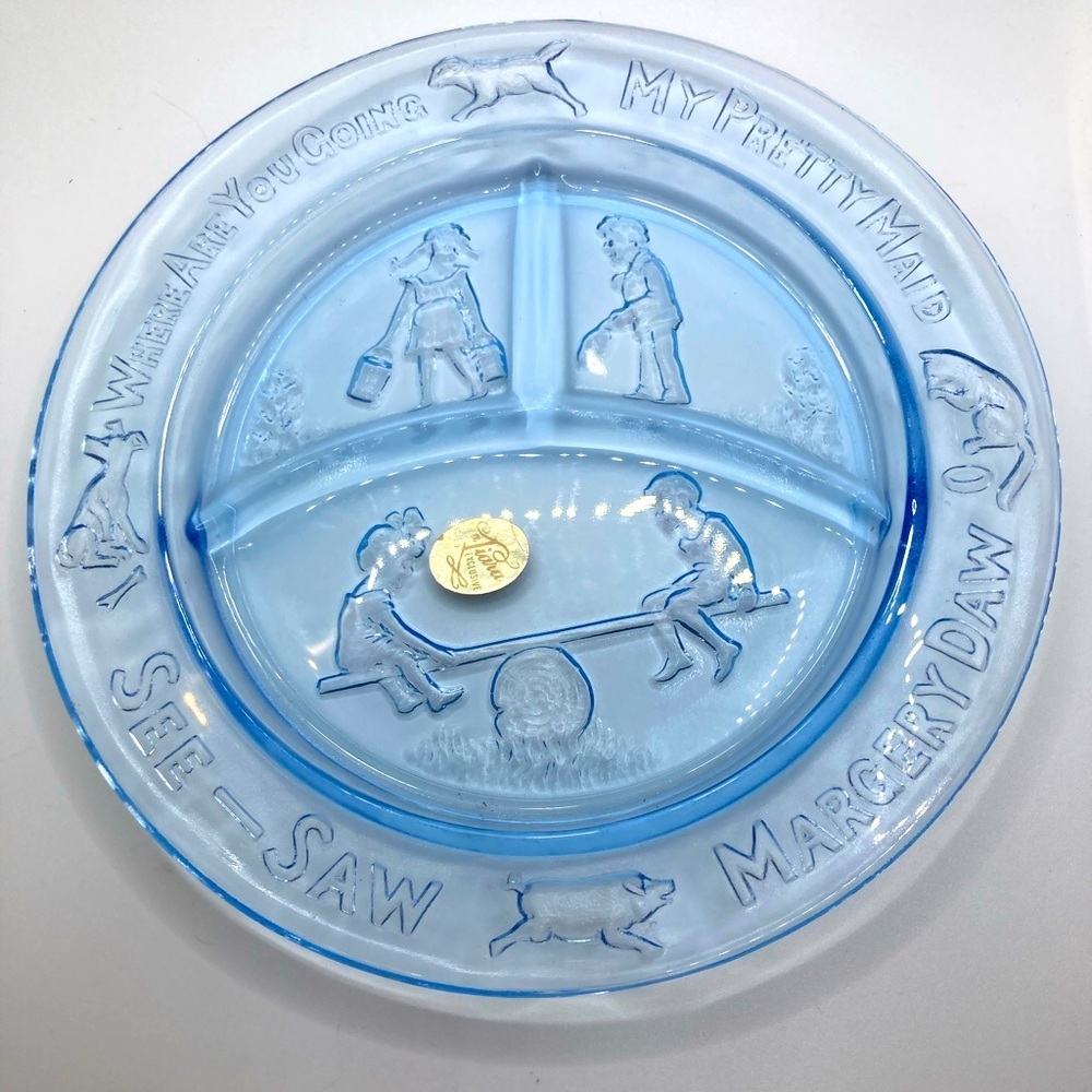 Vtg Tiara Blue Glass Divided Dish Nursery Rhyme See-Saw Child's Plate 8.5”